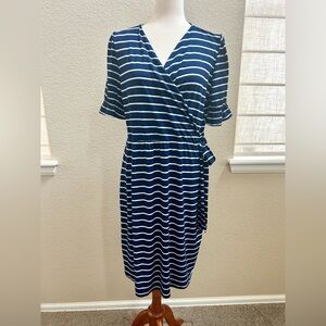 Reborn Navy and White Striped Faux Wrap Midi Dress XL